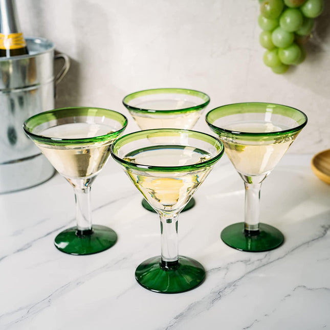 Mexican Hand Blown Martini & Margarita Glasses - Green Rim Detailed - Set of 4-10oz - Carmen Cinco de Mayo - Luxury Mexican Glassware Thick, Juice & Cocktail For Holidays & Celebration Confetti by The Wine Savant - Vysn