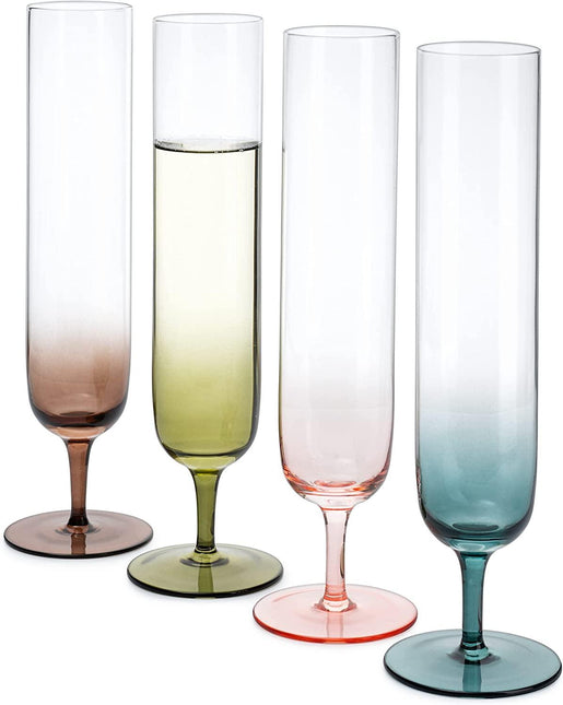 Multicolored Beautiful Champagne Flutes 10" Stemmed - 4 Set- Blue, Green, Brown, Pink - 10.5 OZ Elegant Glass Colored Glasses, Mimosa , Cocktail Bar Glassware Ideal for Home, Weddings - Gift by The Wine Savant - Vysn