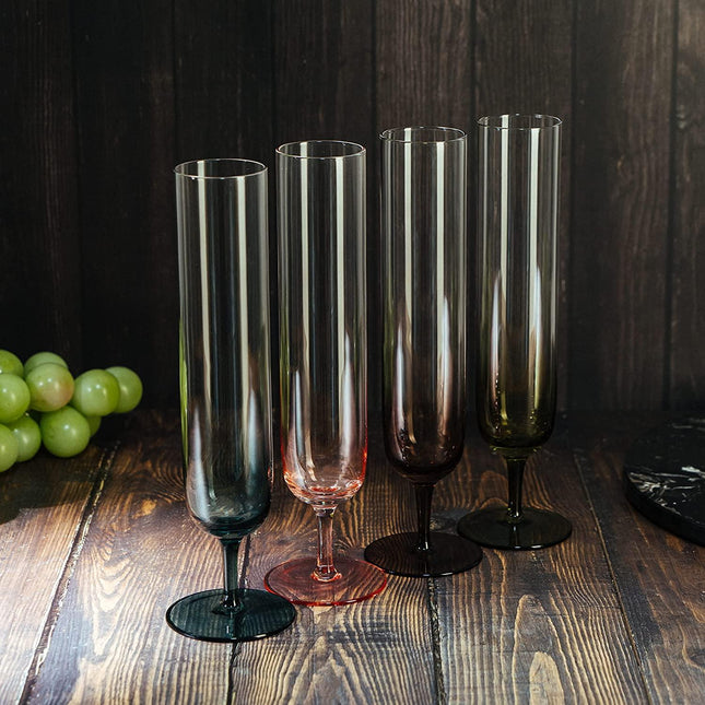 Multicolored Beautiful Champagne Flutes 10" Stemmed - 4 Set- Blue, Green, Brown, Pink - 10.5 OZ Elegant Glass Colored Glasses, Mimosa , Cocktail Bar Glassware Ideal for Home, Weddings - Gift by The Wine Savant - Vysn