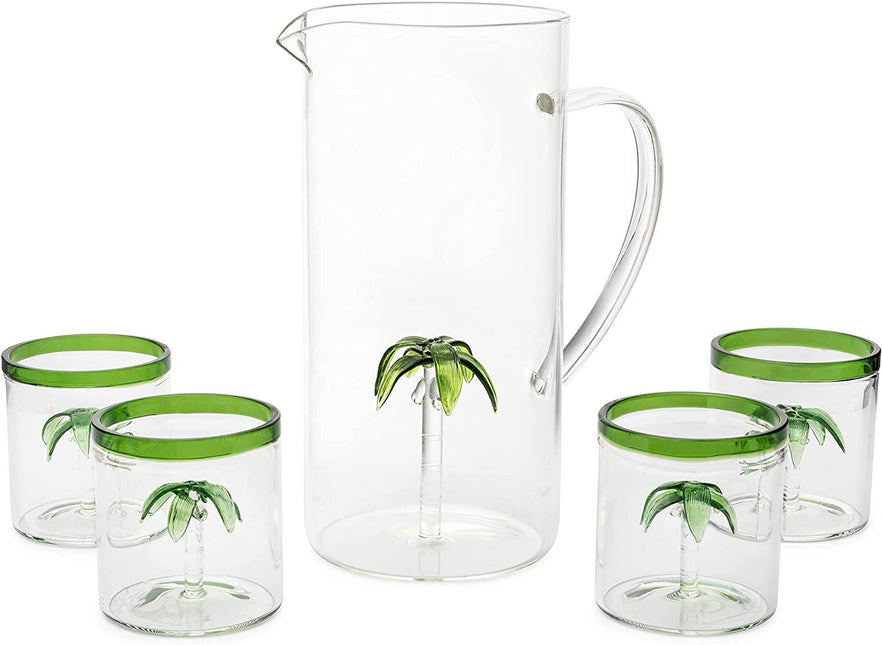 Palm Tree Pitcher & 4 Glasses Set Decanter with 4 Glasses 9oz by The Wine Savant - Elegant Glass Set, Great for Water Iced Tea, Sangria, Lemonade, and More! 1300ml 9" H by The Wine Savant - Vysn