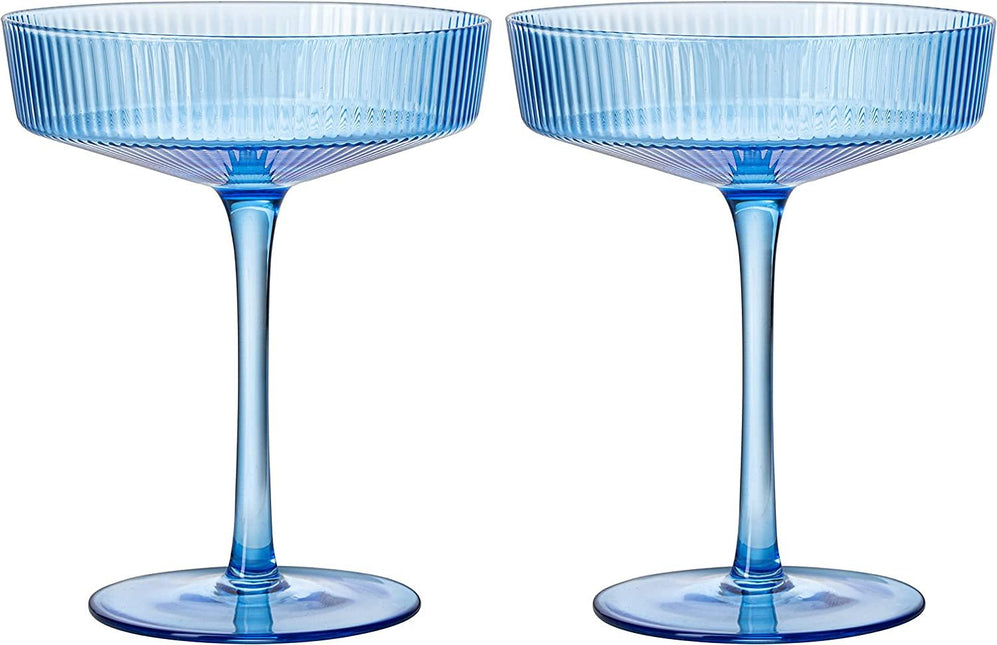 Ribbed Coupe Cocktail Glasses 8 oz | Set of 2 | Classic Manhattan Glasses For Cocktails, Champagne Coupe, Ripple Coupe Glasses, Art Deco Gatsby Vintage, Crystal with Stems (Blue, Set of 2) by The Wine Savant - Vysn