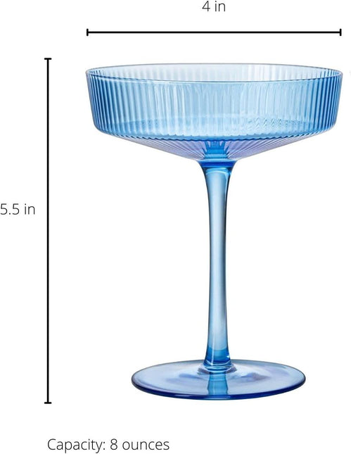 Ribbed Coupe Cocktail Glasses 8 oz | Set of 2 | Classic Manhattan Glasses For Cocktails, Champagne Coupe, Ripple Coupe Glasses, Art Deco Gatsby Vintage, Crystal with Stems (Blue, Set of 2) by The Wine Savant - Vysn