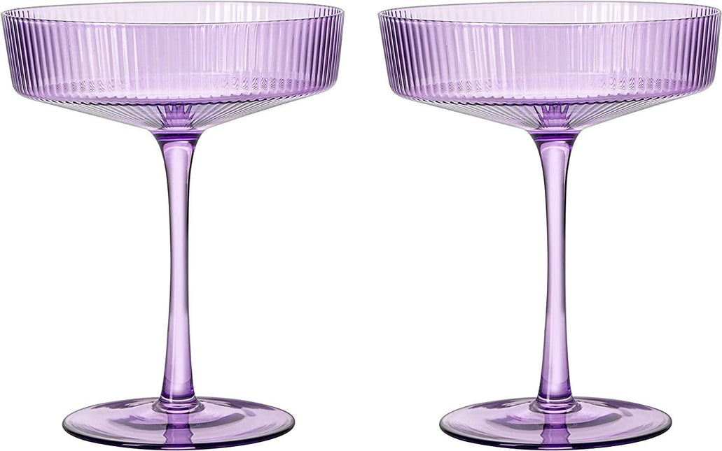 Ribbed Coupe Cocktail Glasses 8 oz | Set of 2 | Classic Manhattan Glasses For Cocktails, Champagne Coupe, Ripple Coupe Glasses, Art Deco Gatsby Vintage, Crystal with Stems (Lavender, Set of 2) by The Wine Savant - Vysn