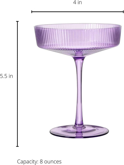 Ribbed Coupe Cocktail Glasses 8 oz | Set of 2 | Classic Manhattan Glasses For Cocktails, Champagne Coupe, Ripple Coupe Glasses, Art Deco Gatsby Vintage, Crystal with Stems (Lavender, Set of 2) by The Wine Savant - Vysn