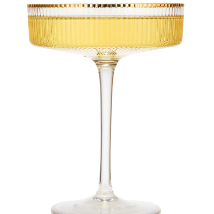 Ribbed Coupe Cocktail Glasses With Gold Rim 8 oz | Set of 2 | Classic Manhattan Glasses For Cocktails, Champagne Coupe, Ripple Coupe Glasses, Art Deco Gatsby Vintage, Crystal with Stems by The Wine Savant - Vysn