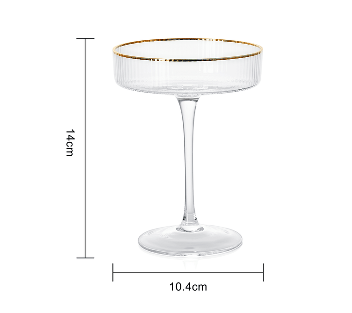 Ribbed Coupe Cocktail Glasses With Gold Rim 8 oz | Set of 4 | Classic Manhattan Glasses For Cocktails, Champagne Coupe, Ripple Coupe Glasses, Art Deco Gatsby Vintage, Crystal with Stems by The Wine Savant - Vysn