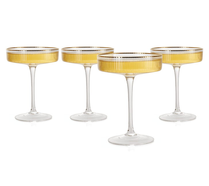Ribbed Coupe Cocktail Glasses With Gold Rim 8 oz | Set of 4 | Classic Manhattan Glasses For Cocktails, Champagne Coupe, Ripple Coupe Glasses, Art Deco Gatsby Vintage, Crystal with Stems by The Wine Savant - Vysn