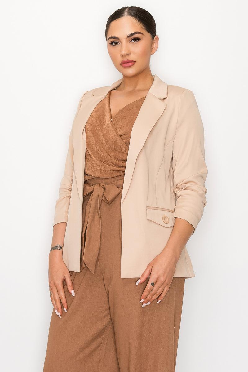Ruched Sleeves Solid Blazer - VYSN