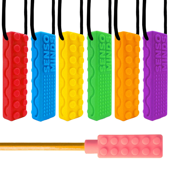 SENSO MINDS Lego Brick Chew Necklaces - Durable, Food-Grade Silicone Chewelry - Helps with Sensory Stimulation, Biting, Oral Motor Skills - Set of 4 with Bonus Pencil Topper for Kids & Adults by Senso Minds - Vysn
