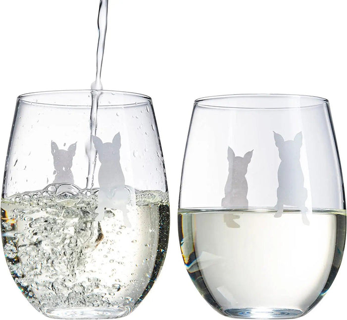 Set of 2 Boston Terrier Dog Stemless Wine Glasses - Boxwood, Boston Bull Terrier, American Gentleman Lover - for Him & Her - Dogs Silhouette - Etched Tumblers for Anniversary, Wedding, Gifts (18 OZ) by The Wine Savant - Vysn