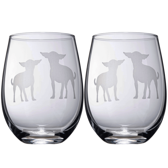 Set of 2 Chihuahua Dog Stemless Wine Glasses - Chihuahueño Puppy & Doggy Lover for Him & Her - Dogs Silhouette - Glass Gifts Etched Tumblers for Anniversary, Wedding, Home Bar Gifts by The Wine Savant - Vysn