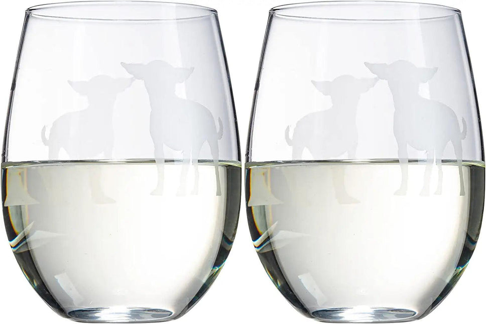Set of 2 Chihuahua Dog Stemless Wine Glasses - Chihuahueño Puppy & Doggy Lover for Him & Her - Dogs Silhouette - Glass Gifts Etched Tumblers for Anniversary, Wedding, Home Bar Gifts by The Wine Savant - Vysn