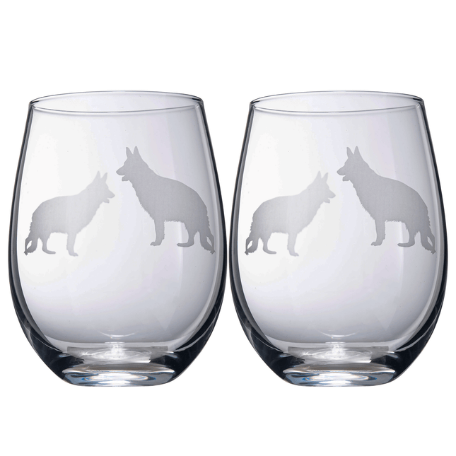 Set of 2 Dog Stemless German Shepherd Wine Glasses by The Wine Savant - Puppy & Doggy Lover for Him and Her Dogs Silhouette - Glass Gifts Etched Tumblers for Anniversary, Wedding, Home Bar Gifts by The Wine Savant - Vysn