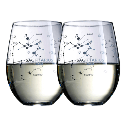 Set of 2 Zodiac Sign Wine Glasses with 2 Wooden Coasters by The Wine Savant - Astrology Drinking Glass Set with Etched Constellation Tumblers for Juice, Home Bar Horoscope Gifts 18oz (Sagittarius) by The Wine Savant - Vysn