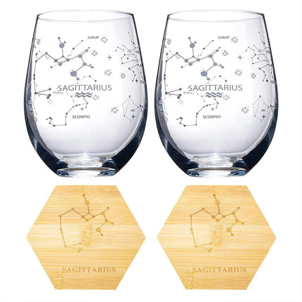 Set of 2 Zodiac Sign Wine Glasses with 2 Wooden Coasters by The Wine Savant - Astrology Drinking Glass Set with Etched Constellation Tumblers for Juice, Home Bar Horoscope Gifts 18oz (Sagittarius) by The Wine Savant - Vysn
