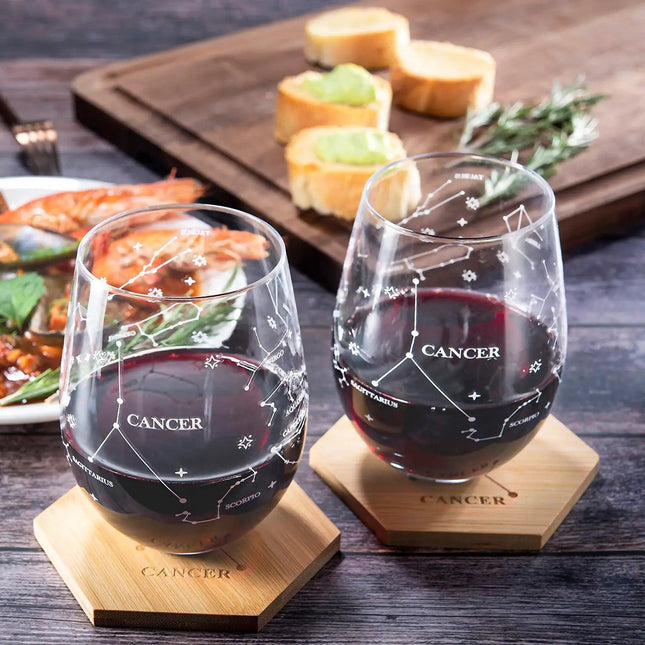 Set of 2 Zodiac Sign Wine Glasses with 2 Wooden Coasters by The Wine Savant - Astrology Drinking Glass Set with Etched Constellation Tumblers for Juice, Water Home Bar Horoscope Gifts 18oz (Cancer) by The Wine Savant - Vysn