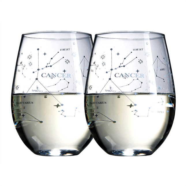 Set of 2 Zodiac Sign Wine Glasses with 2 Wooden Coasters by The Wine Savant - Astrology Drinking Glass Set with Etched Constellation Tumblers for Juice, Water Home Bar Horoscope Gifts 18oz (Cancer) by The Wine Savant - Vysn