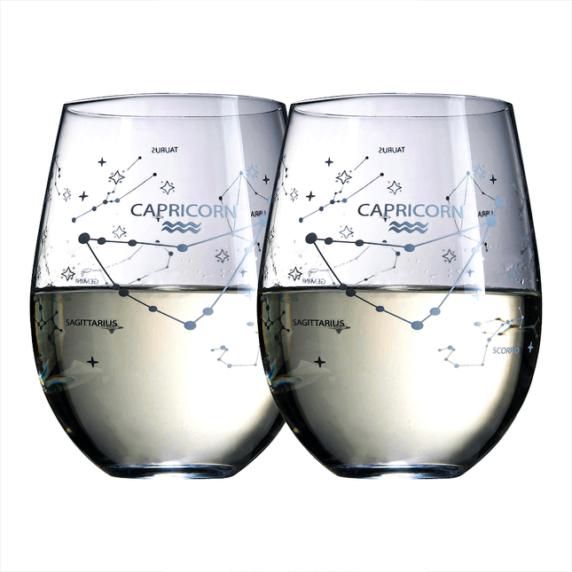 Set of 2 Zodiac Sign Wine Glasses with 2 Wooden Coasters by The Wine Savant - Astrology Drinking Glass Set with Etched Constellation Tumblers for Juice, Water Home Bar Horoscope Gifts 18oz (Capricorn) by The Wine Savant - Vysn