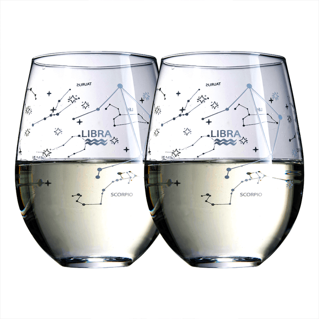 Set of 2 Zodiac Sign Wine Glasses with 2 Wooden Coasters by The Wine Savant - Astrology Drinking Glass Set with Etched Constellation Tumblers for Juice, Water Home Bar Horoscope Gifts 18oz (Libra) by The Wine Savant - Vysn