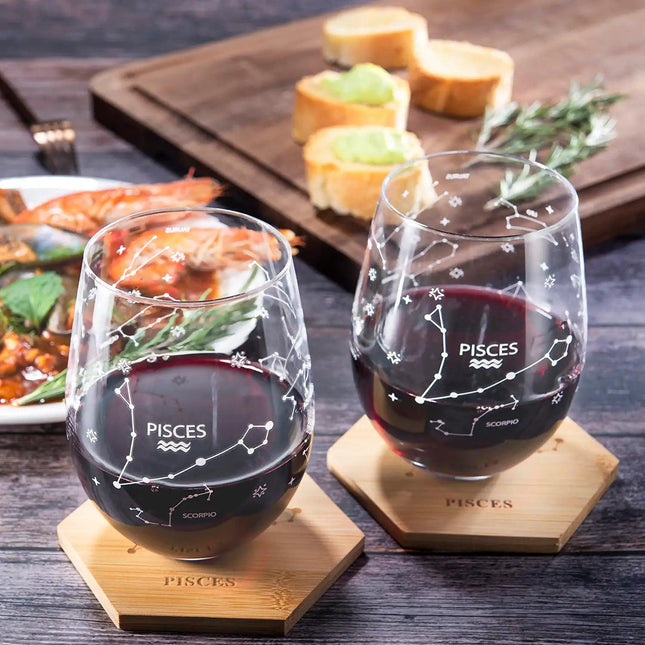 Set of 2 Zodiac Sign Wine Glasses with 2 Wooden Coasters by The Wine Savant - Astrology Drinking Glass Set with Etched Constellation Tumblers for Juice, Water Home Bar Horoscope Gifts 18oz (Pisces) by The Wine Savant - Vysn