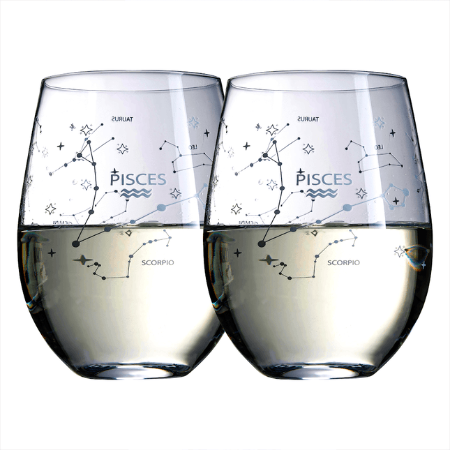 Set of 2 Zodiac Sign Wine Glasses with 2 Wooden Coasters by The Wine Savant - Astrology Drinking Glass Set with Etched Constellation Tumblers for Juice, Water Home Bar Horoscope Gifts 18oz (Pisces) by The Wine Savant - Vysn