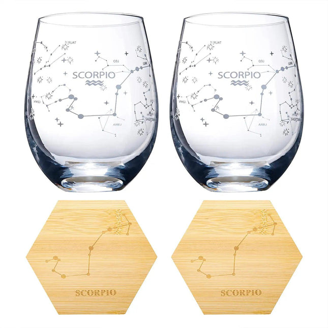 Set of 2 Zodiac Sign Wine Glasses with 2 Wooden Coasters by The Wine Savant - Astrology Drinking Glass Set with Etched Constellation Tumblers for Juice, Water Home Bar Horoscope Gifts 18oz (Scorpio) by The Wine Savant - Vysn