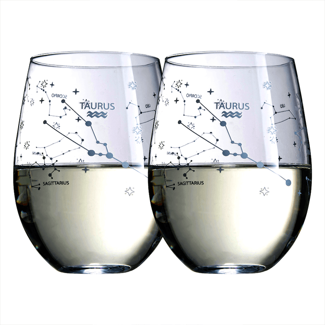 Set of 2 Zodiac Sign Wine Glasses with 2 Wooden Coasters by The Wine Savant - Astrology Drinking Glass Set with Etched Constellation Tumblers for Juice, Water Home Bar Horoscope Gifts 18oz (Taurus) by The Wine Savant - Vysn