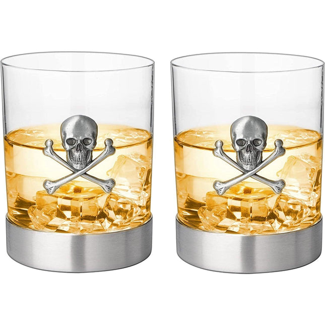 Skull & Skeleton Crossbones Pewter Whiskey & Wine Drinking Glasses - 11oz Set of 2 - Water, Rum, Brandy & Scotch Glass, Elegant, Skeleton Crystal Cup, Gifts for Men & Women, Old Fashioned Glass by The Wine Savant - Vysn