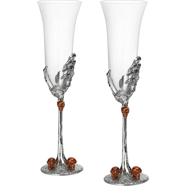 Stemmed Skeleton Champagne Glasses Set of 2 by The Wine Savant - 7oz Skeleton Glasses 9" H, Goth Gifts, Skeleton Gifts, Skeleton Decor, Spooky Champagne Gift Set, Unique Champagne Glasses, Perfect for Halloween Themed Parties! by The Wine Savant - Vysn