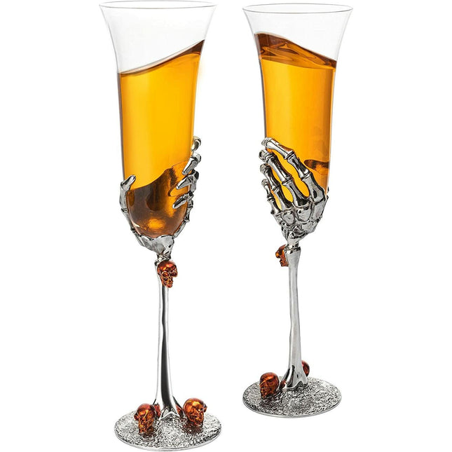 Stemmed Skeleton Champagne Glasses Set of 2 by The Wine Savant - 7oz Skeleton Glasses 9" H, Goth Gifts, Skeleton Gifts, Skeleton Decor, Spooky Champagne Gift Set, Unique Champagne Glasses, Perfect for Halloween Themed Parties! by The Wine Savant - Vysn