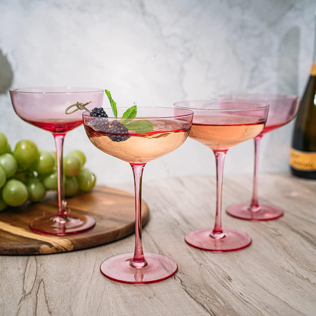 The Wine Savant Colored Coupe Glass | 7oz | Set of 4 Colorful Champagne & Cocktail Glasses, Fancy Manhattan, Crystal Martini, Cocktails Set, Margarita Bar Glassware Gift, Vintage (Blush Pink) by The Wine Savant - Vysn
