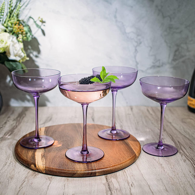 The Wine Savant Colored Coupe Glass | 7oz | Set of 4 Colorful Champagne & Cocktail Glasses, Fancy Manhattan, Crystal Martini, Cocktails Set, Margarita Bar Glassware Gift, Vintage (Lavender Purple) by The Wine Savant - Vysn