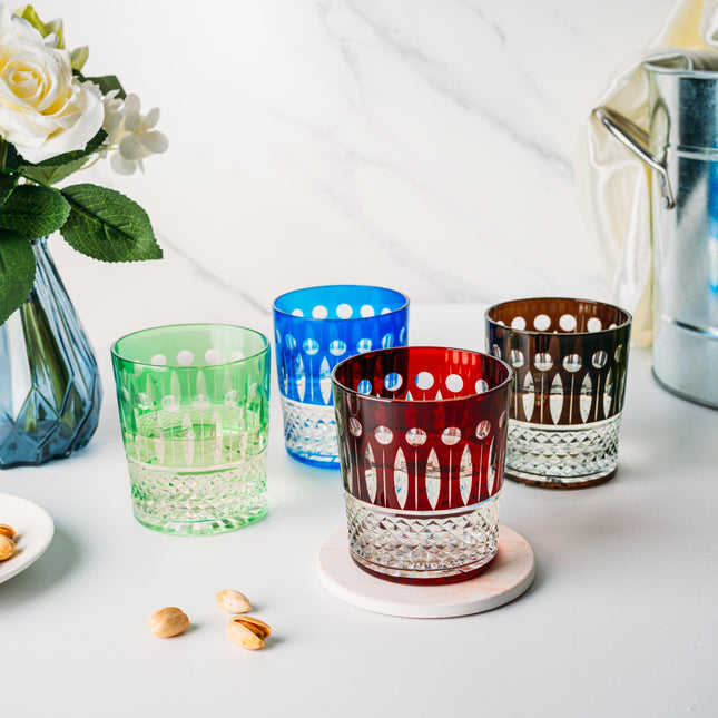 The Wine Savant Crystal Italian Multicolor Design Cups -Set of 4 Whiskey Glasses 8oz 3.5" H Bohemian Venetian Italian Style Red, Blue, Green, Black Glasses, for Dinner Parties, Bars & Weddings by The Wine Savant - Vysn