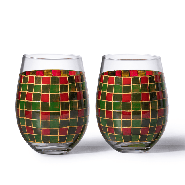 The Wine Savant Crystal New Years Artisanal Hand Painted Stemless Glasses Set of 2 - Rennesance Romantic Stain-glassed Windows - Festive Holiday Perfect for Holidays Parties, Gifts for Him & Her by The Wine Savant - Vysn