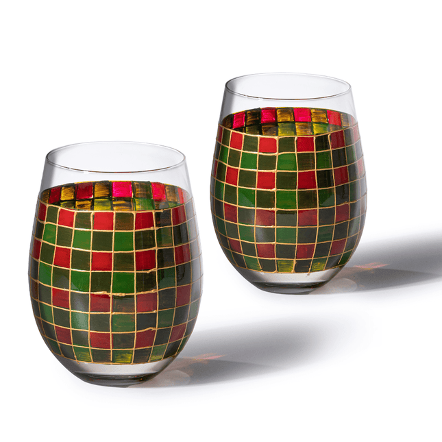 The Wine Savant Crystal New Years Artisanal Hand Painted Stemless Glasses Set of 2 - Rennesance Romantic Stain-glassed Windows - Festive Holiday Perfect for Holidays Parties, Gifts for Him & Her by The Wine Savant - Vysn