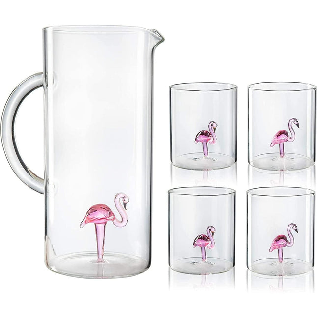 The Wine Savant Flamingo Pitcher & 4 Glasses Set Decanter with 4 Pink Flamingo Glasses 9oz Elegant Glass Set, Great for Water Iced Tea, Sangria, Lemonade, and More! 1300ml 9" H, Cute! by The Wine Savant - Vysn