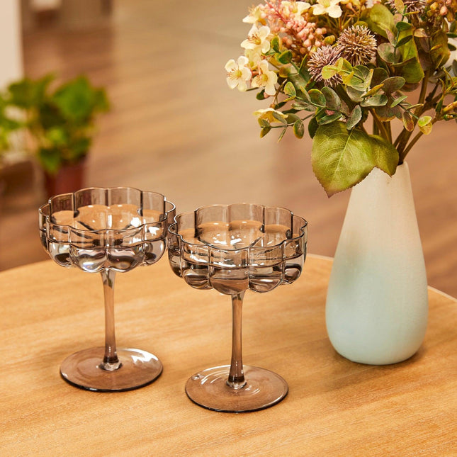The Wine Savant Flower Vintage Glass Coupes 7oz Colorful Cocktail, Martini & Champagne Glasses, Prosecco, Mimosa Glasses Set, Cocktail Glass Set, Bar Glassware Luster Glasses 4" X 5" (Smoke Grey) by The Wine Savant - Vysn