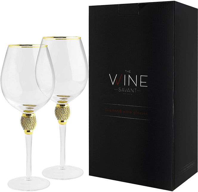 The Wine Savant Large Diamond Wine Glasses, Gold Rim Rhinestone Diamond Glasses - Wedding Glasses - 15 Ounce, Premium Designed Wine Glasses for Spirits and Wine, Gift Boxed (2, Clear) by The Wine Savant - Vysn