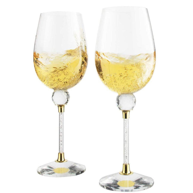 The Wine Savant Rhinestone DIAMOND Studded Wine Glasses 16 Ounces Set of 2 10-inches Tall, Gold and Laser Cut Sparkling Wine Wedding Glasses, Elegant Crystal - For Everyday, Weddings, Parties by The Wine Savant - Vysn
