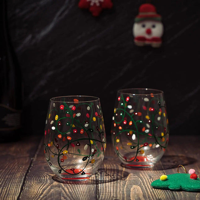 Themed Lights Stemless Wine & Water Glasses - Artisanal Hand Painted Ornament Light Bulbs Glasses - Xmas Tree - Set of 2, 17.5oz - Santa Festive Theme Stemless Glass by The Wine Savant - Vysn