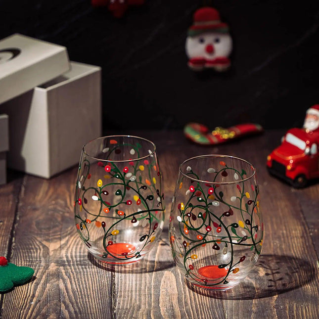 Themed Lights Stemless Wine & Water Glasses - Artisanal Hand Painted Ornament Light Bulbs Glasses - Xmas Tree - Set of 2, 17.5oz - Santa Festive Theme Stemless Glass by The Wine Savant - Vysn