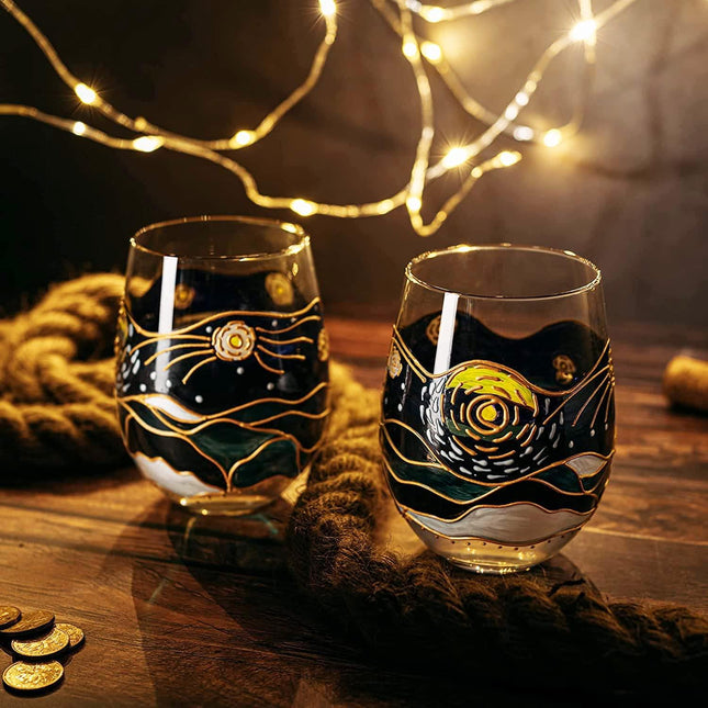 Vincent Van Gogh Wine Glasses Artisanal Hand Painted Stemless Set of 2 - The Wine Savant - 2 Set of Tumblers - Artistic Gift Idea for Her, Him, Birthday, Housewarming - Extra Large Goblets (18.5 OZ) by The Wine Savant - Vysn