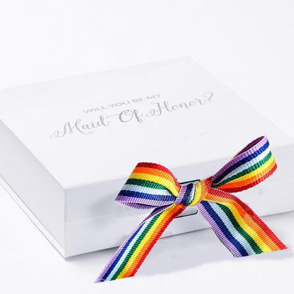 Will You Be My maid of honor? Proposal Box White - No Border - Rainbow Ribbon by Tshirt Unlimited - Vysn